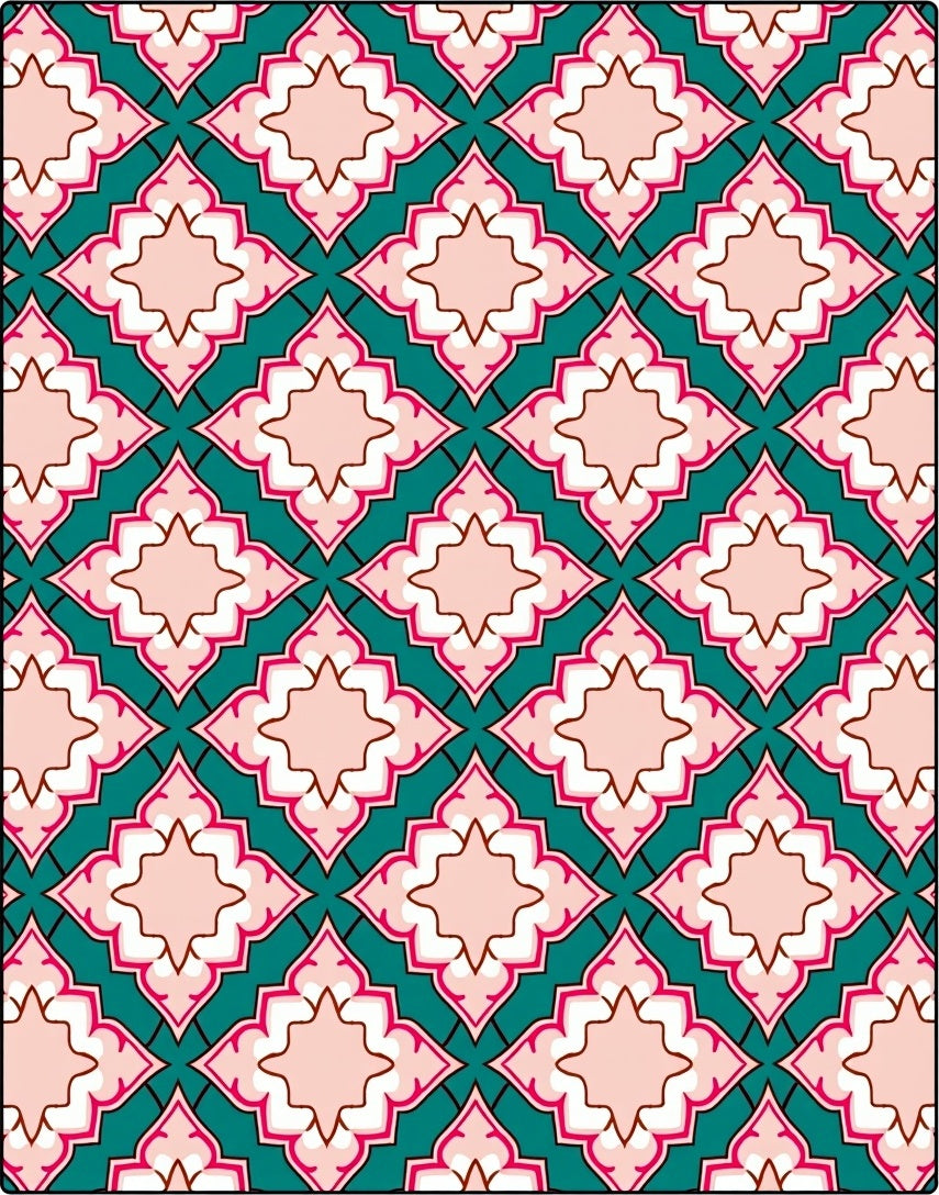 Teal Pink Ornate Diamond Pattern Rug