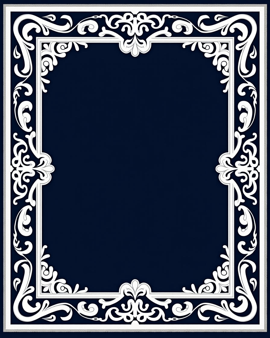 Ornate White Scrollwork Border Design Rug