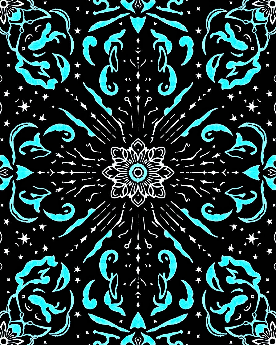 Bright Cyan Mandala Starburst Black Rug
