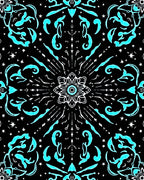 Bright Cyan Mandala Starburst Black Rug