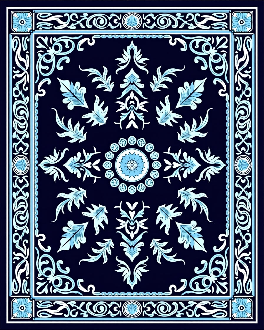 Classic Floral Scrollwork Dark Blue Rug