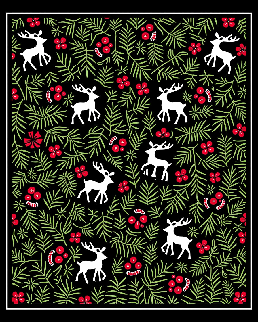 White Deer Red Holly Greenery Black Rug