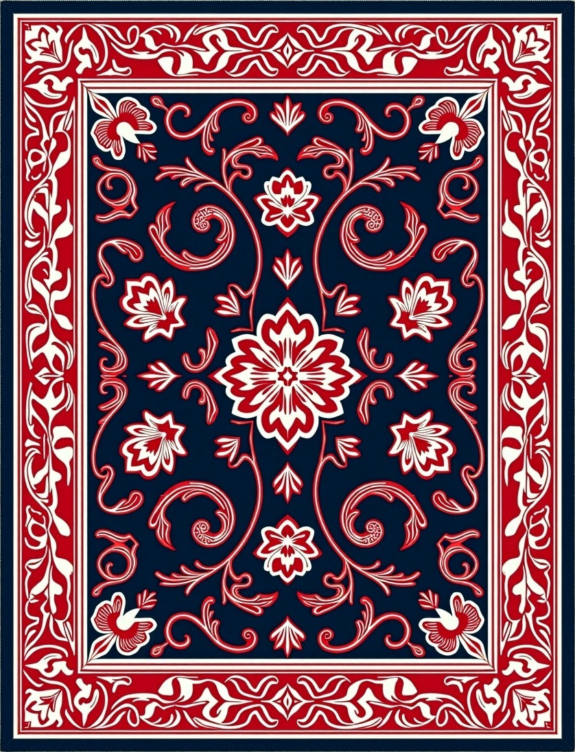 Rich Red White Floral Scroll Rug