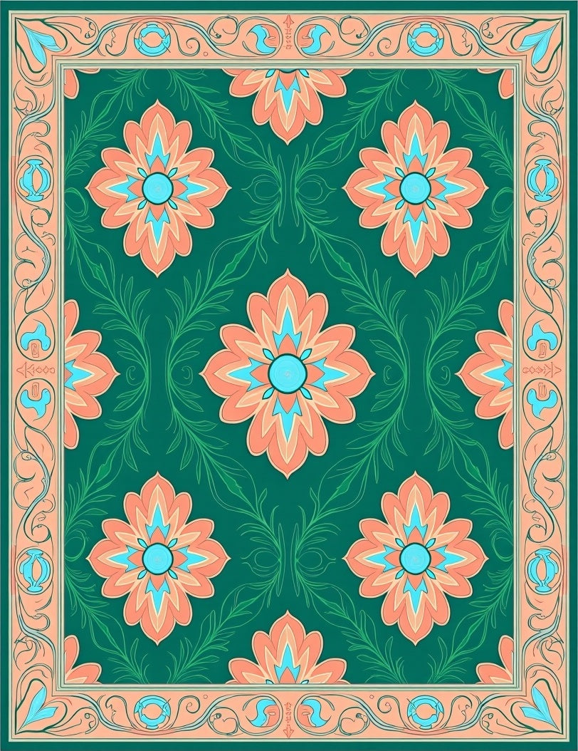 Elegant Floral Border Green Rug