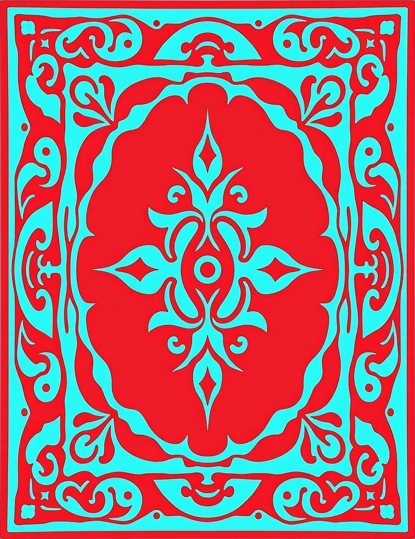Ornate Red Cobalt Scrollwork Design Rug