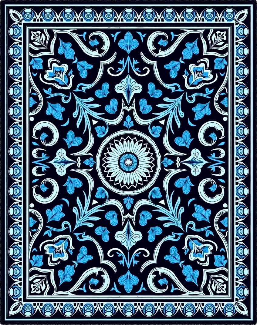 Dark Blue Floral Scroll Pattern Rug