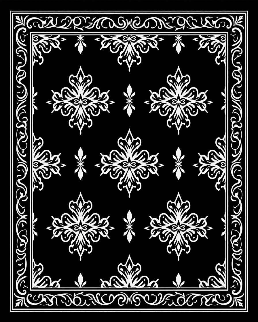 Elegant Black White Scrollwork Pattern Rug