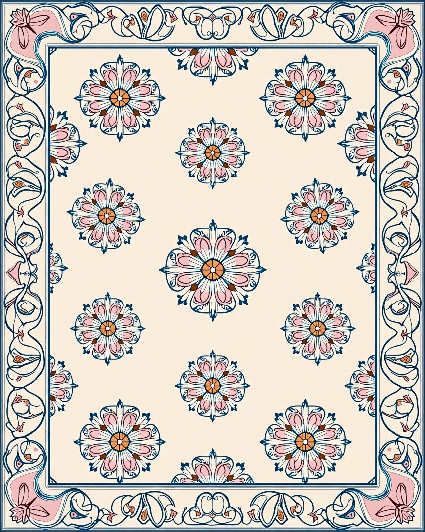 Cream Pink Blue Floral Medallion Border Rug