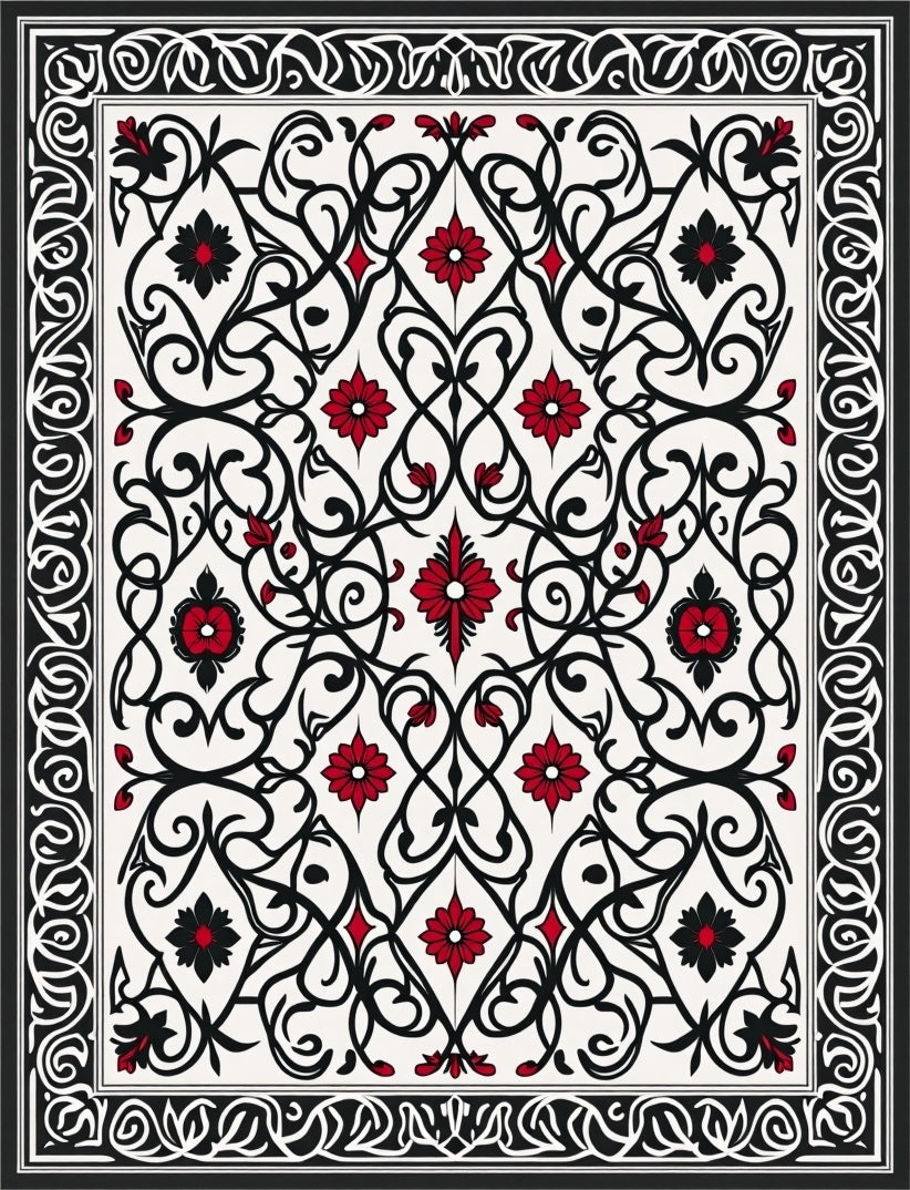 Black Red Floral Arabesque Design Rug