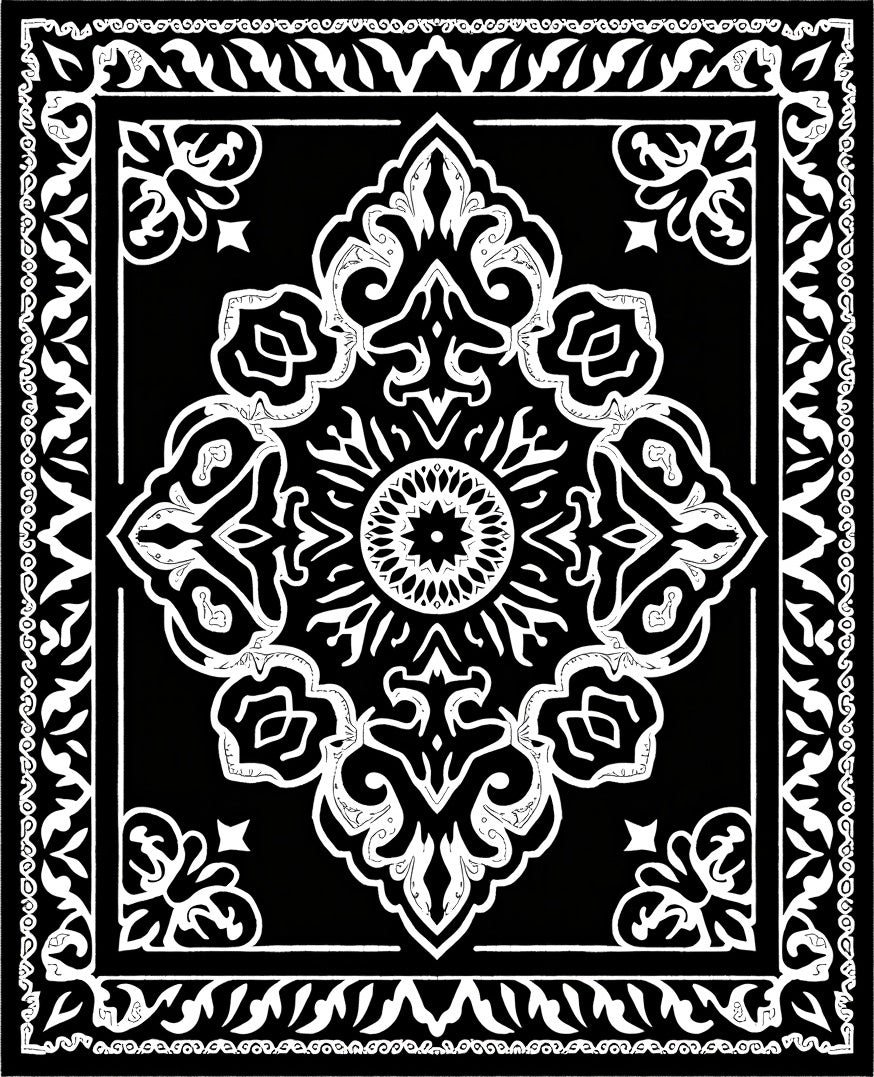 Black White Ornamental Medallion Frame Rug