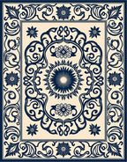 Navy Floral Intricate Centerpiece Border Rug