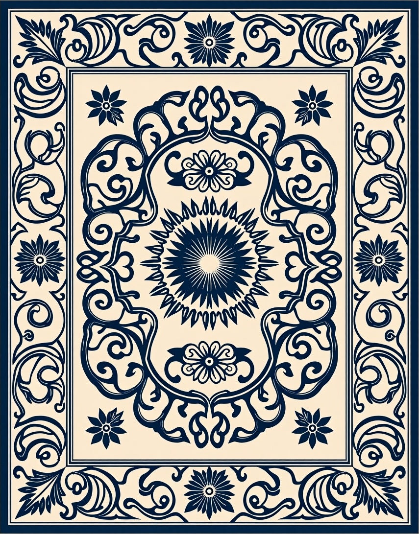 Navy Floral Intricate Centerpiece Border Rug
