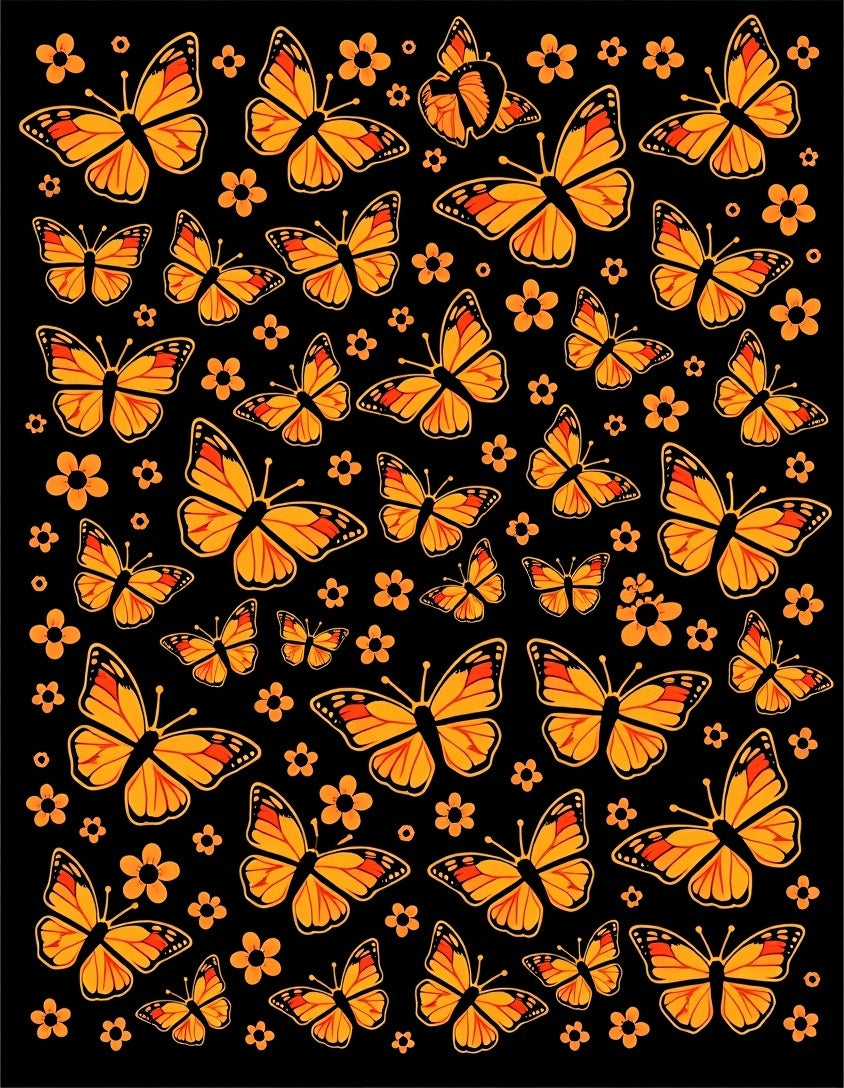 Orange Butterfly Patterned Black Rug