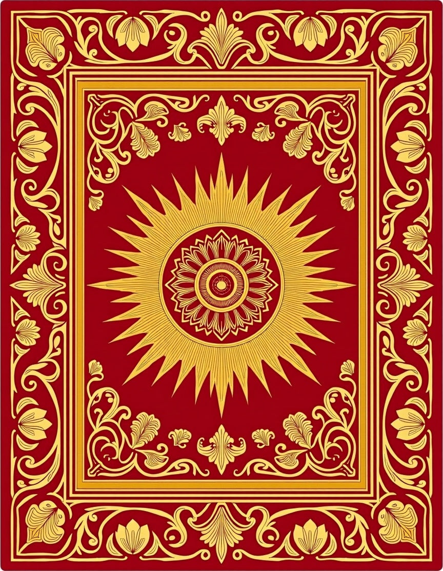 Ornate Red Gold Sunburst Floral Rug