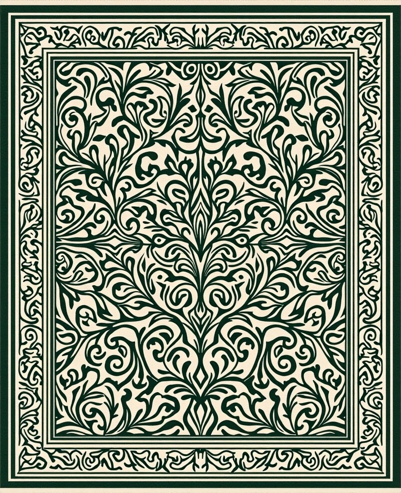 Dark Green Scrolling Floral Vine Pattern Rug
