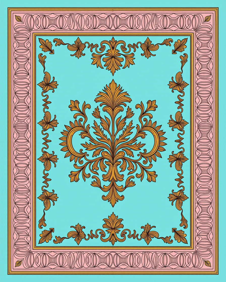 Aqua Golden Floral Border Rug