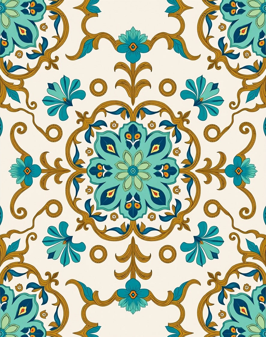 Ornate Turquoise Gold Floral Design Rug