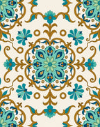 Ornate Turquoise Gold Floral Design Rug