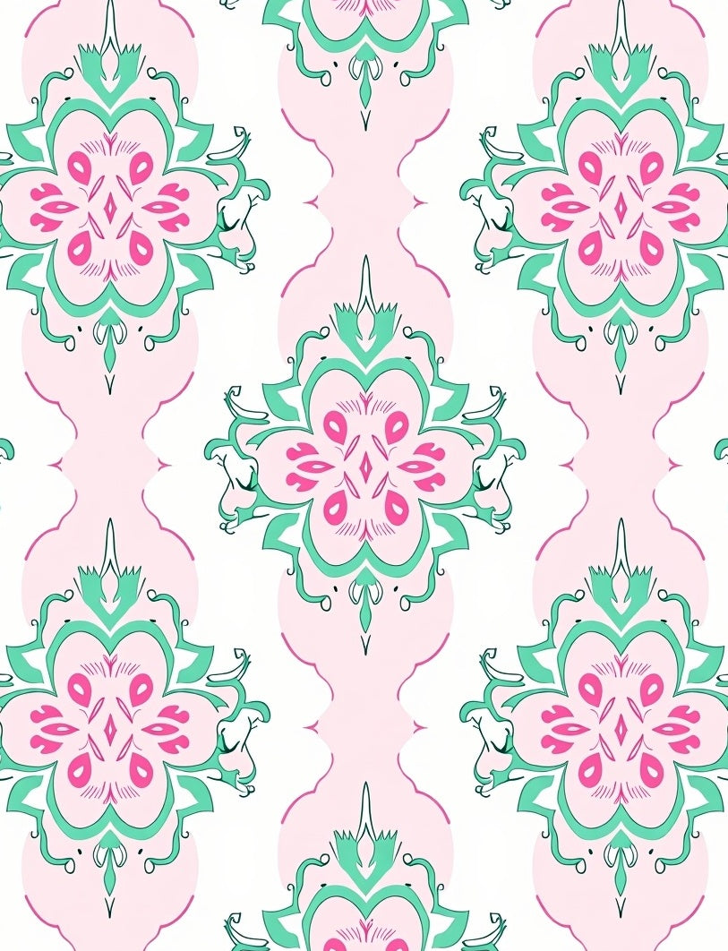 Pink Green Floral Damask Pattern Rug