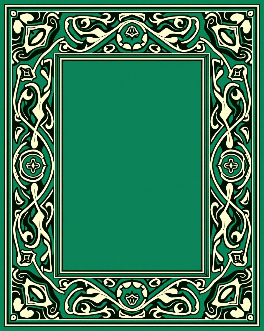 Elegant Green Ivory Black Ornate Border Rug