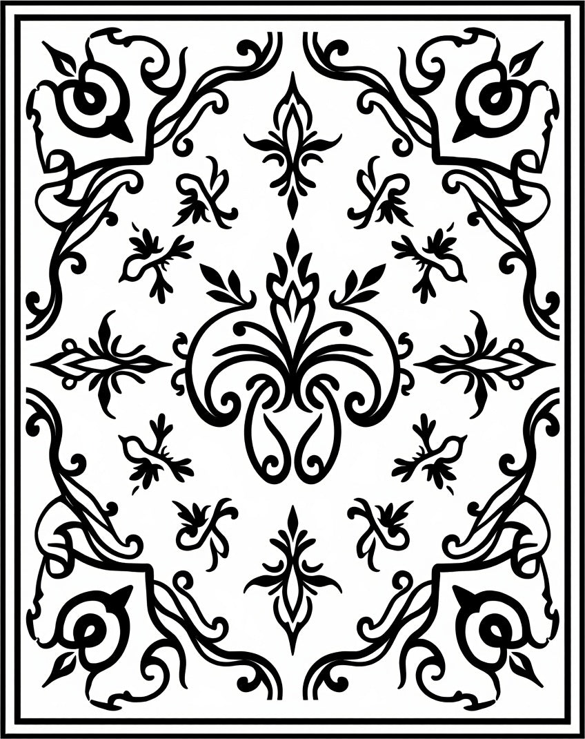Classic Floral Scrollwork Black White Rug