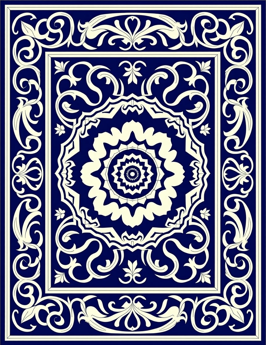 Antique Blue Floral Scroll Pattern Rug