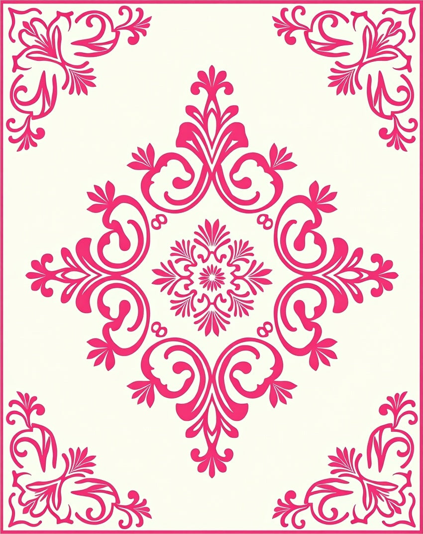 Pink Floral Damask Scrollwork Design Rug