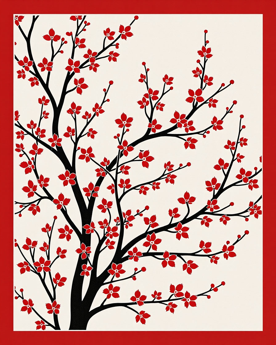 Red Blossom Tree Branch Pattern Rug