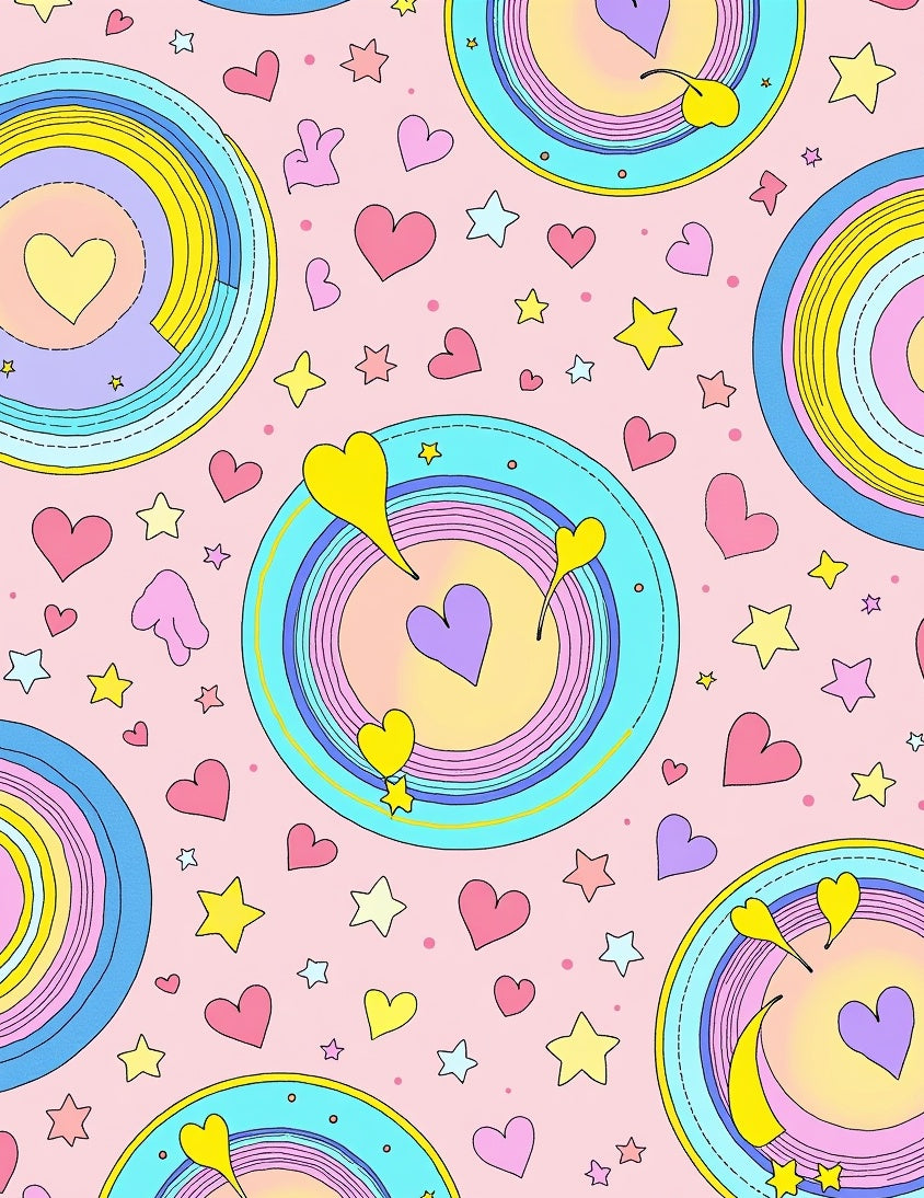 Colorful Circular Hearts and Stars Design Rug