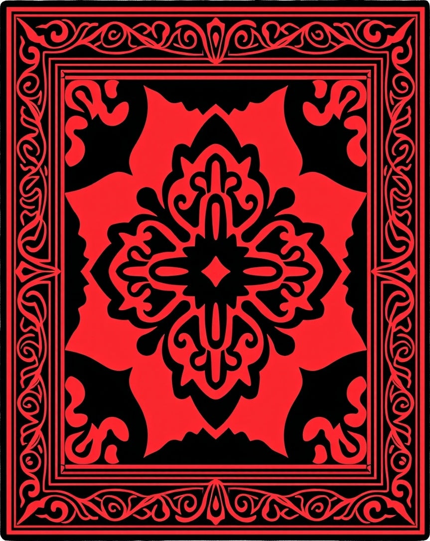 Abstract Red Floral Square Pattern Rug