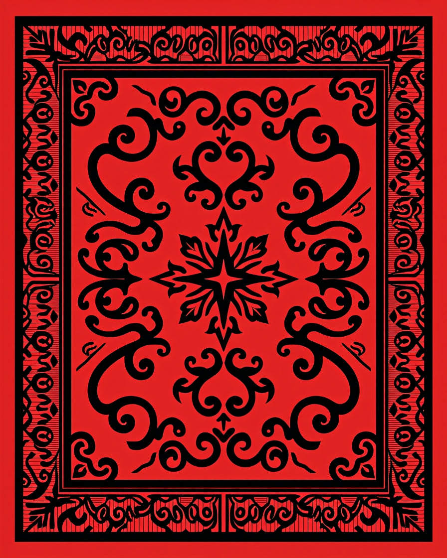 Bold Red and Black Scroll Patterned Rug