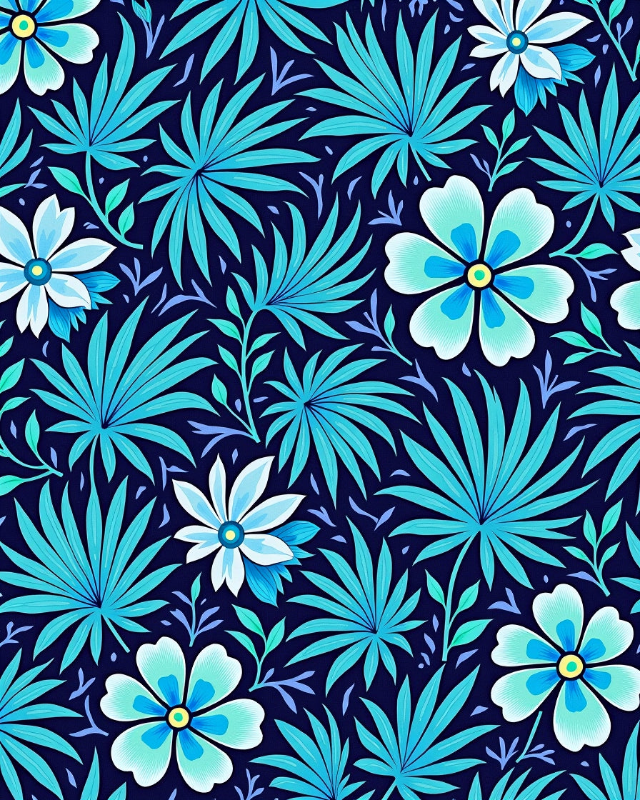 Aqua Navy Floral Leaf Pattern Rug
