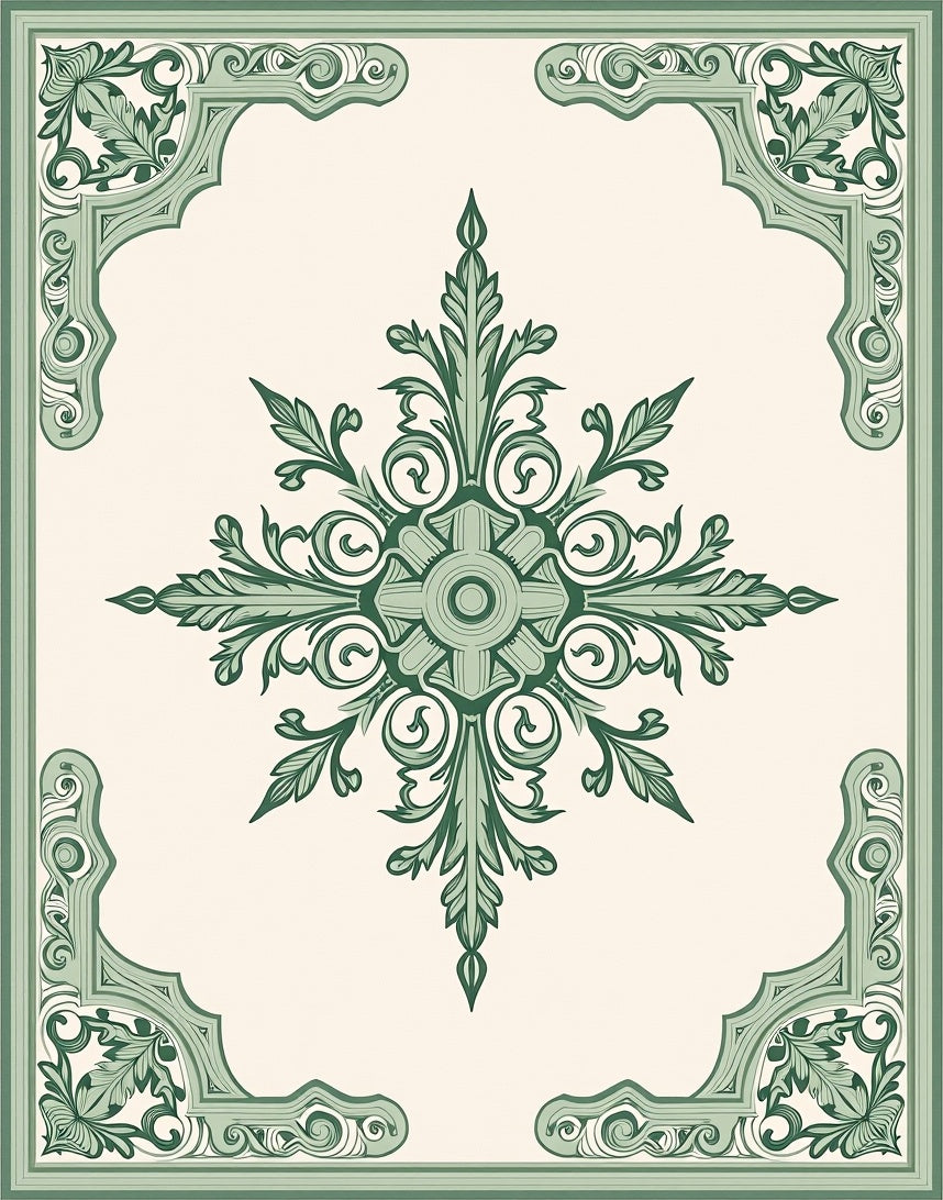 Ornate Green Floral Scroll Rug