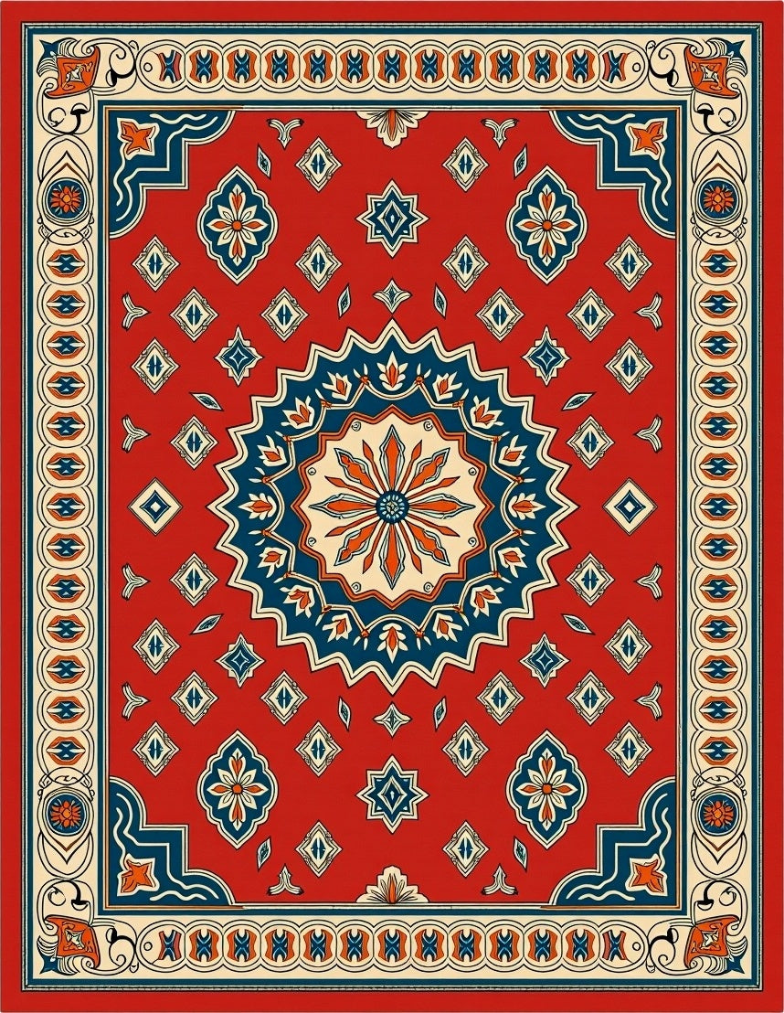 Ornate Red Blue Mandala Geometric Pattern Rug