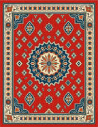 Ornate Red Blue Mandala Geometric Pattern Rug