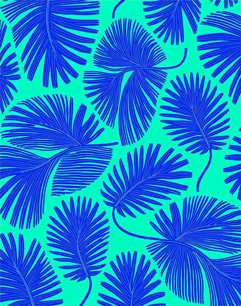 Bold Blue Palm Leaf Pattern Rug