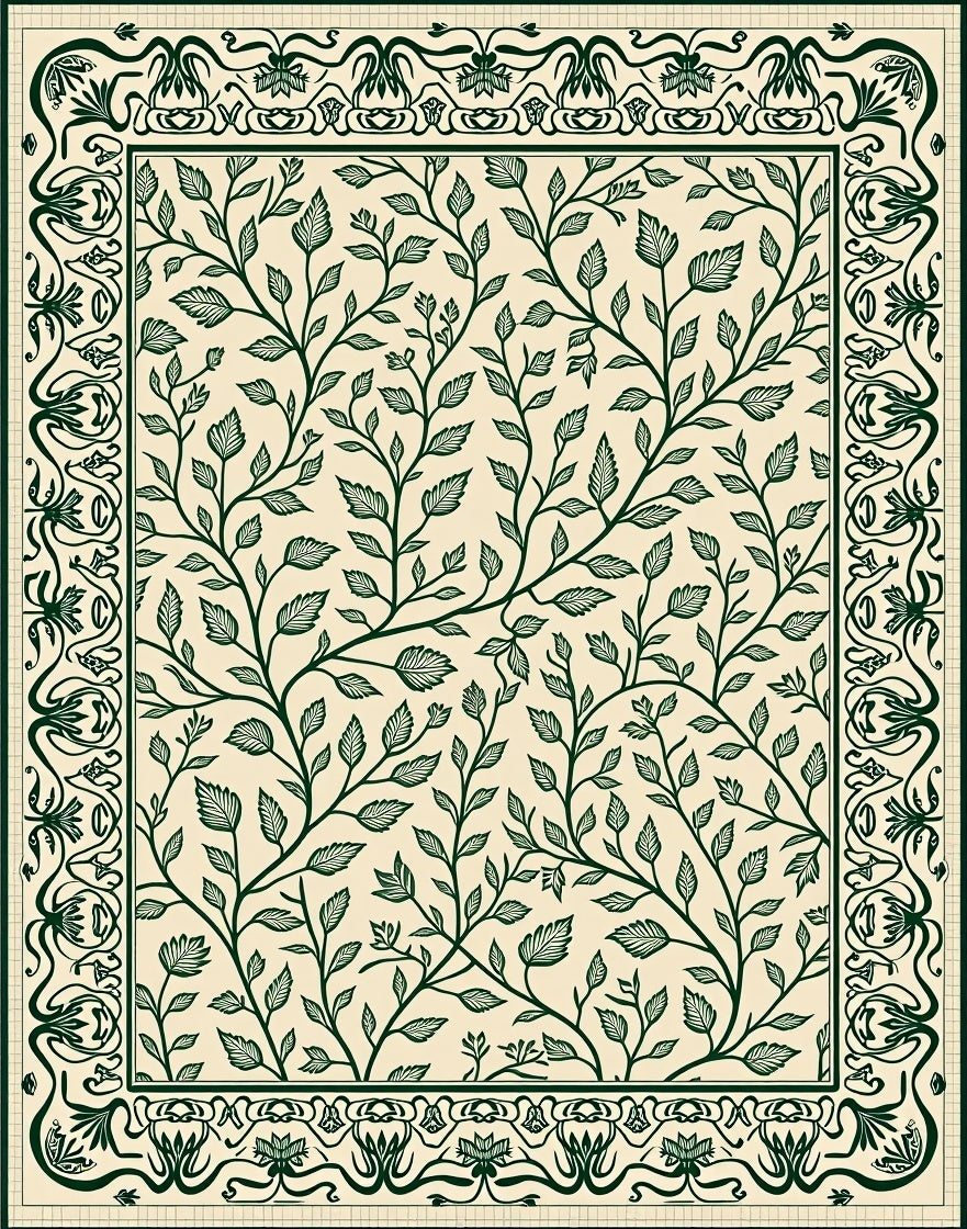 Vintage Green Leaf Vine Pattern Rug