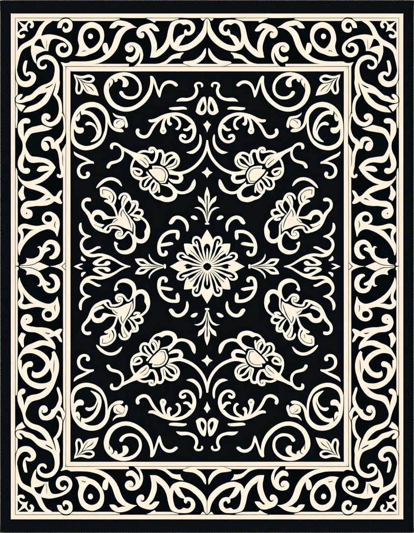Black Ivory Ornate Floral Damask Rug