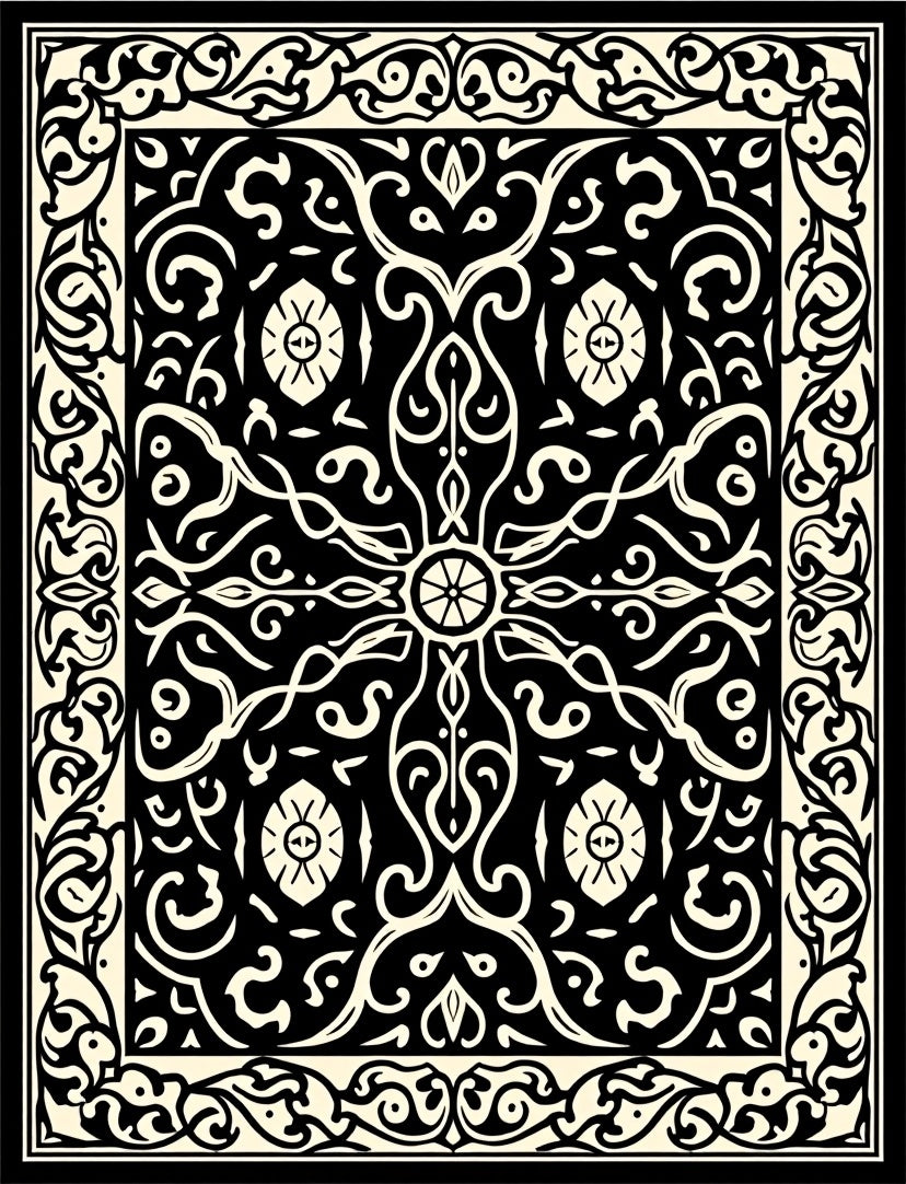 Intricate Black Cream Scrollwork Pattern Rug