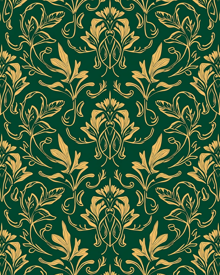 Green Gold Floral Vine Pattern Rug