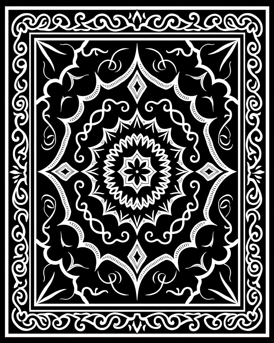 Intricate White Mandala Patterned Black Rug