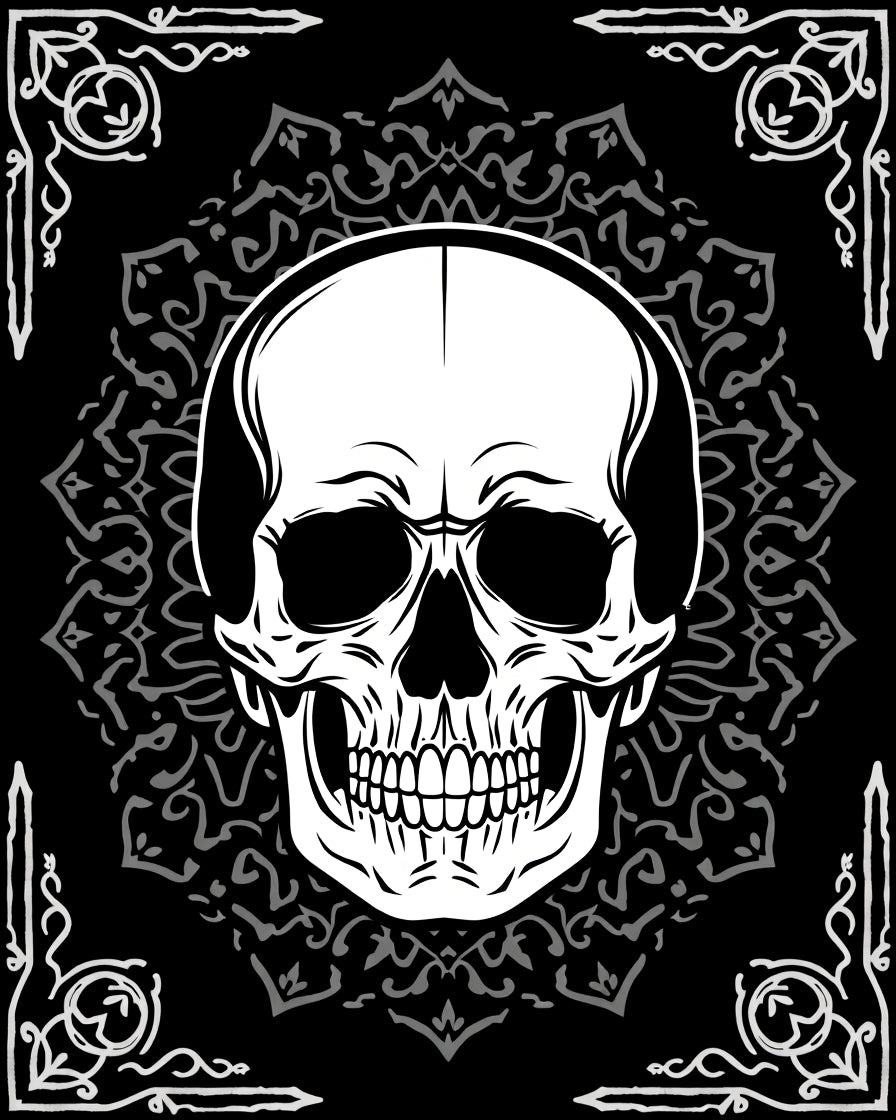 Black White Skull Mandala Frame Rug