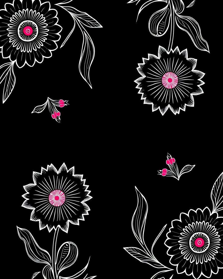 Black White Floral Bloom Pattern Rug