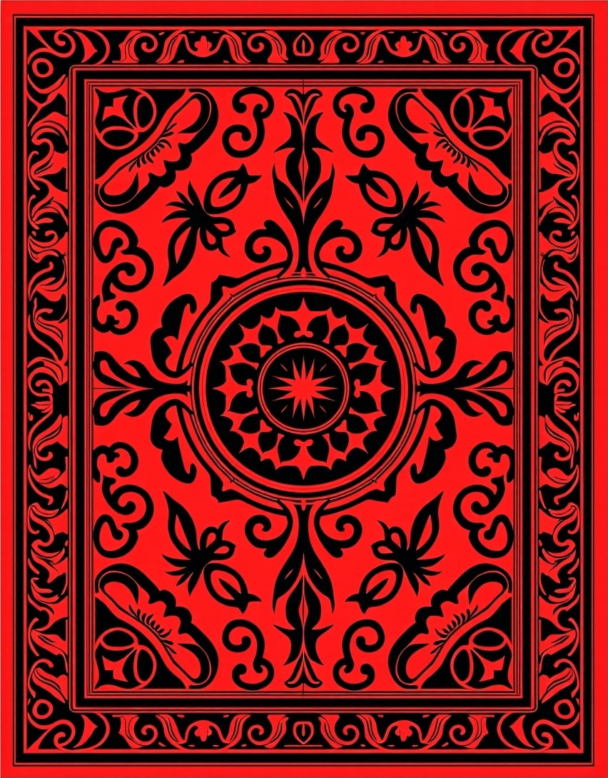 Red and Black Floral Medallion Scroll Rug