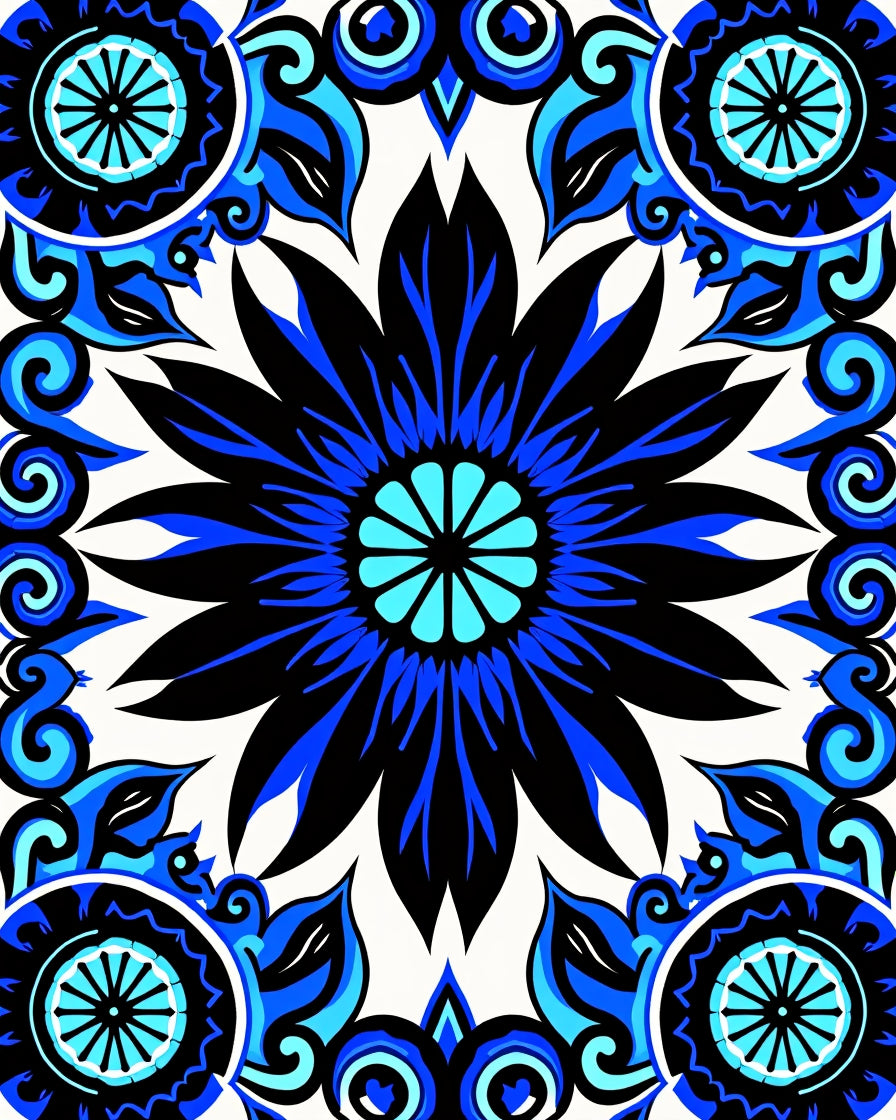 Bold Blue Floral Mandala Pattern Rug