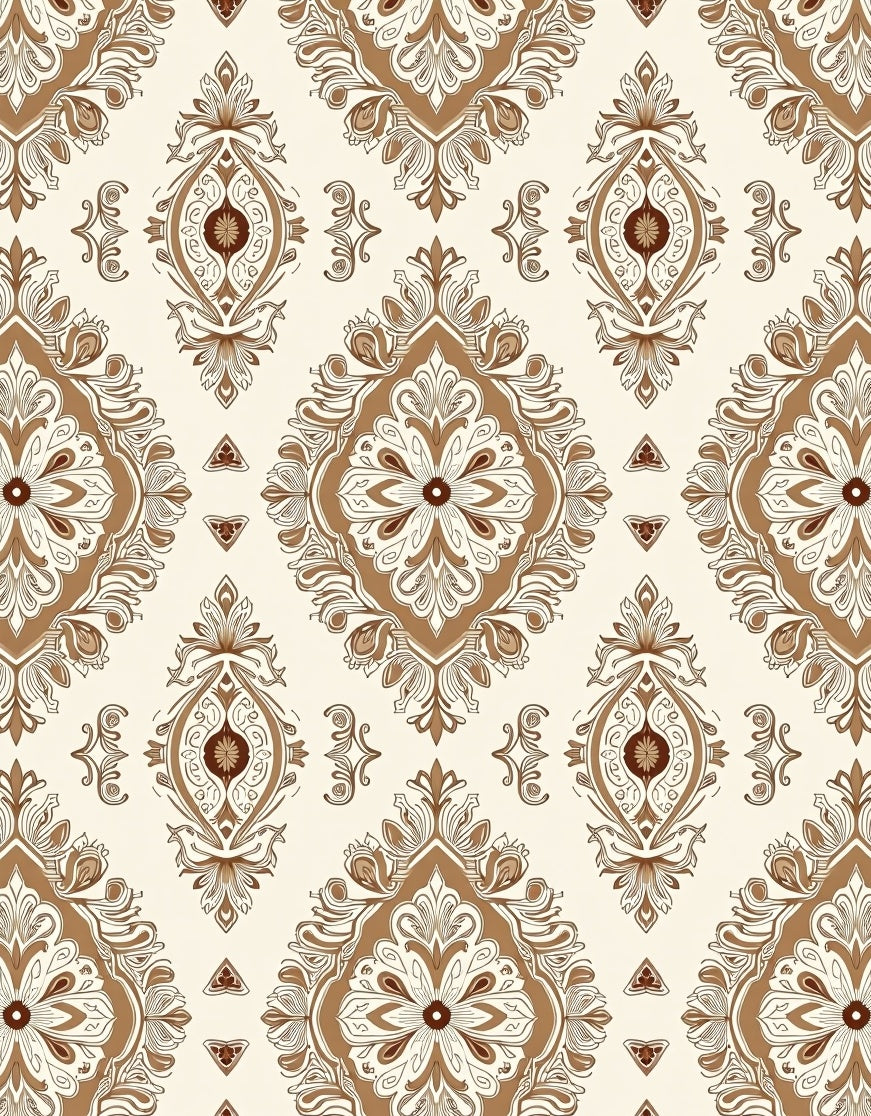 Brown Cream Baroque Damask Floral Rug