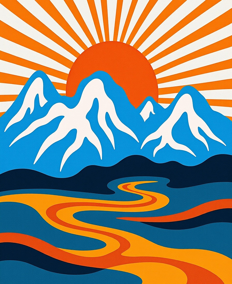 Retro Mountain Landscape With Winding River Rug