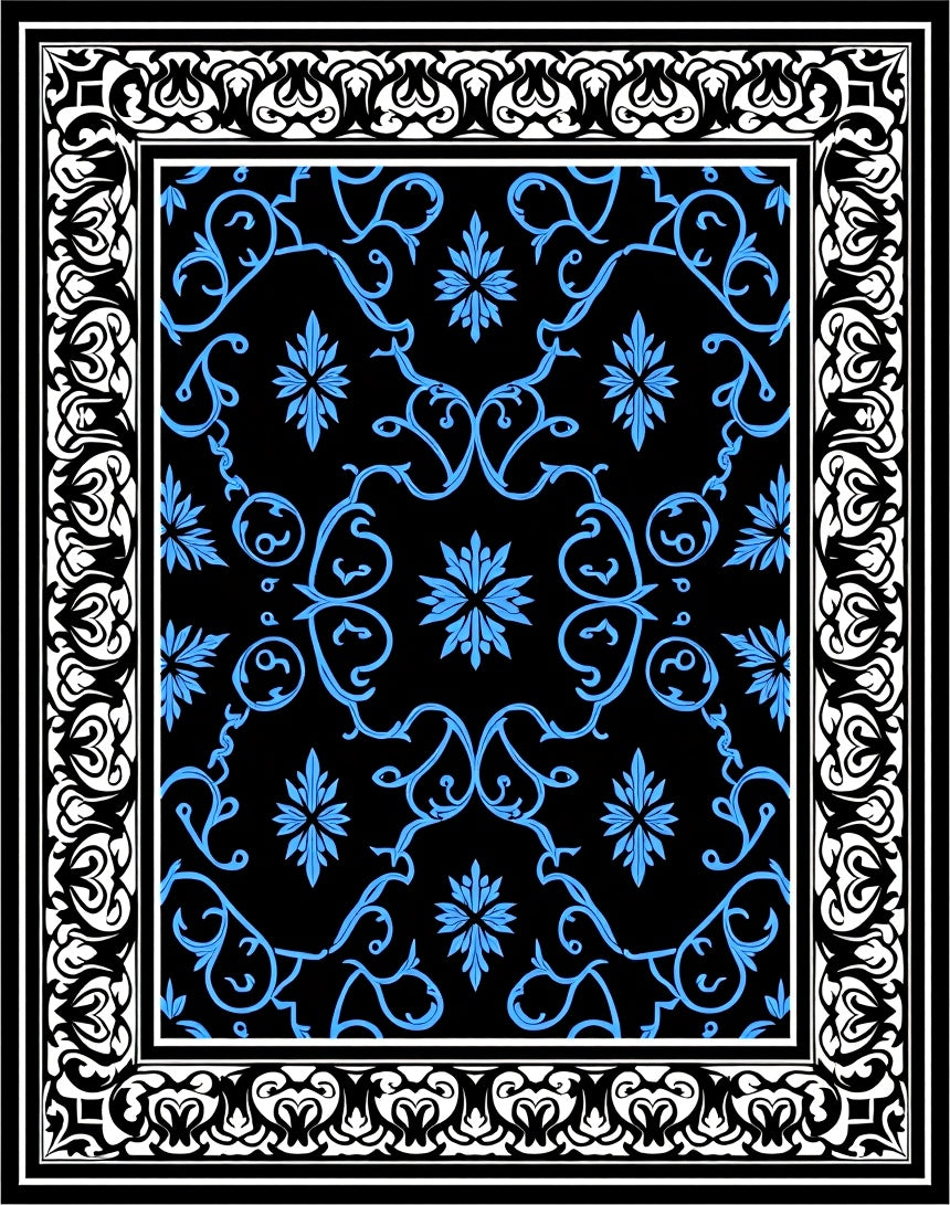 Black Blue Floral Scroll Pattern Rug