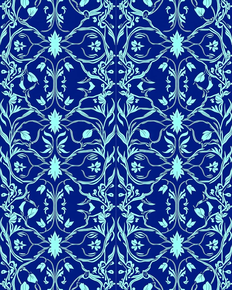 Ornate Blue Floral Scroll Pattern Rug