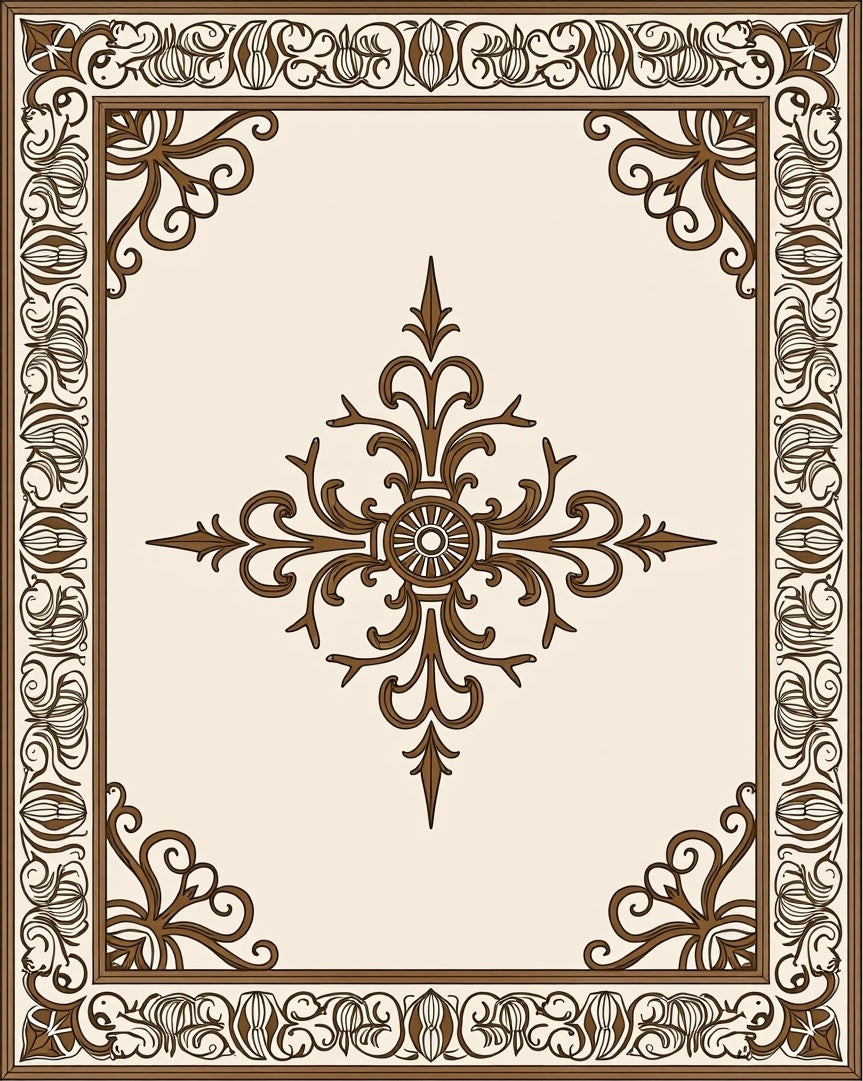 Ornate Scrollwork Brown Cream Pattern Rug